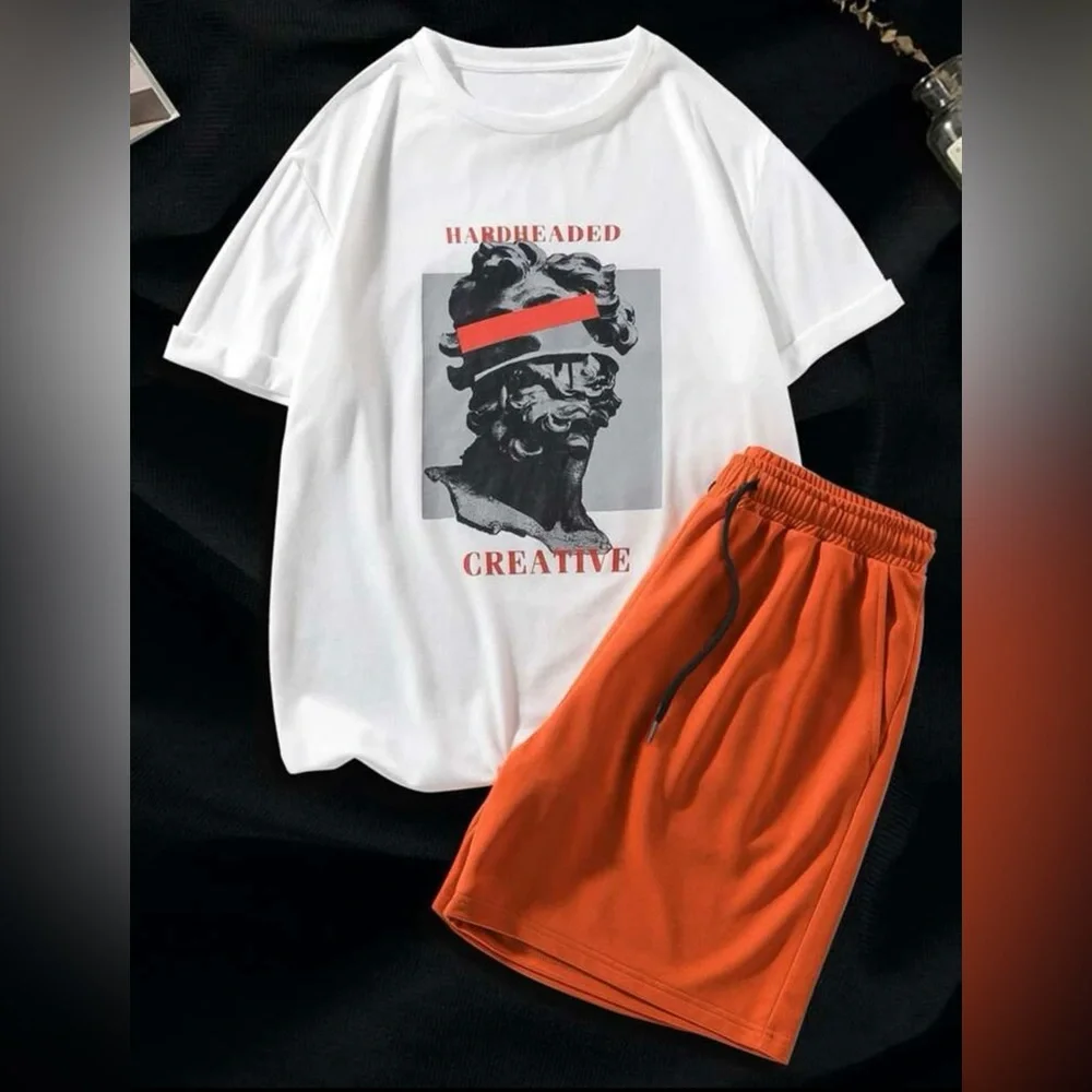 Men Sculpture & Letter Graphic Tee & Drawstring Waist Shorts XL (SET) - Picture 1 of 1